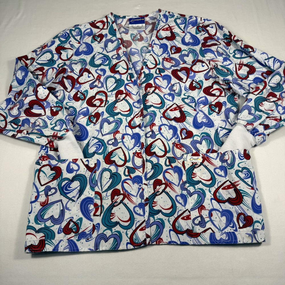 Crest Scrub Jacket Medium White Blue Heart Print Snap Front Ribbed Cuff V-Neck